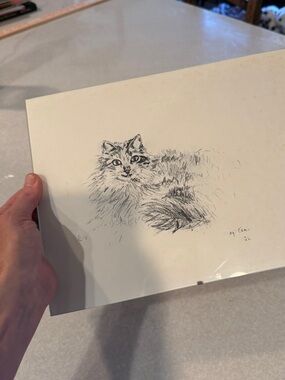 Vintage 1970s Hand-Drawn Cat Artwork Print in White